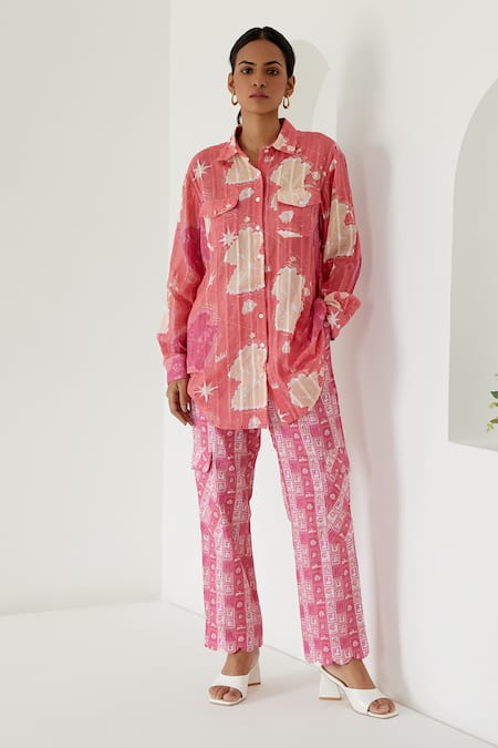 Sage Saga Coral Linen Printed Stamp Shirt Collar Sophia Map With Cargo Pant 