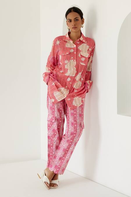 Buy_Sage Saga_Coral Linen, Cotton Shawl Neck Sophia Map Print Shirt With Cargo Pant _Online_at_Aza_Fashions