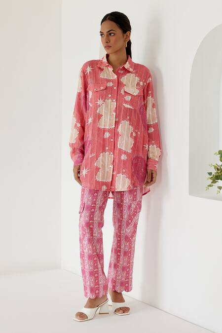 Shop_Sage Saga_Coral Linen, Cotton Shawl Neck Sophia Map Print Shirt With Cargo Pant _Online_at_Aza_Fashions