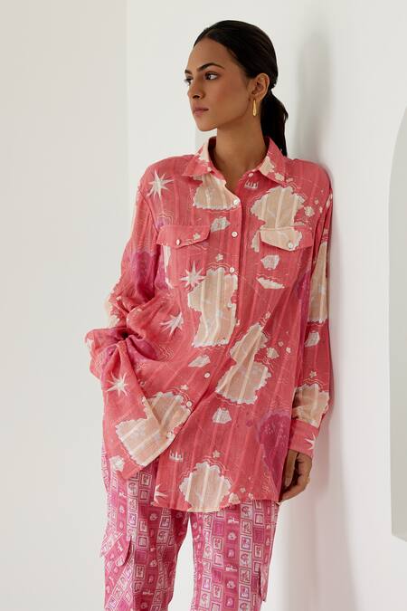 Sage Saga_Coral Linen, Cotton Shawl Neck Sophia Map Print Shirt With Cargo Pant _at_Aza_Fashions