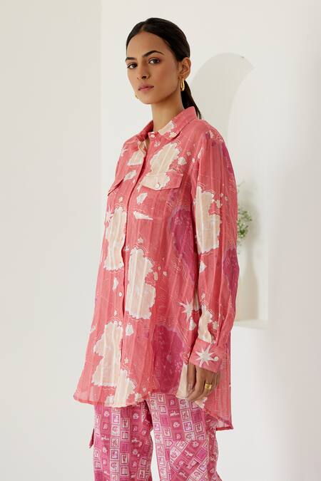 Buy_Sage Saga_Coral Linen, Cotton Shawl Neck Sophia Map Print Shirt With Cargo Pant 