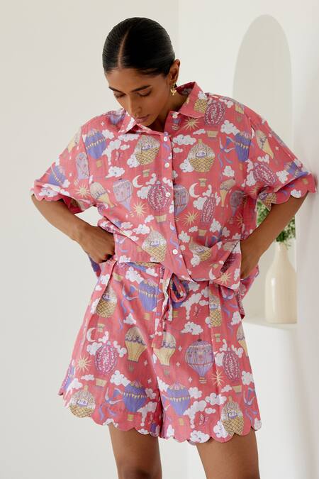 Buy Sage Saga Coral Linen Collared Sophia Balloon Shirt With Cargo Pant Buy_Sage Saga_Coral Linen Collared Sophia Balloon Shirt With Cargo Pant