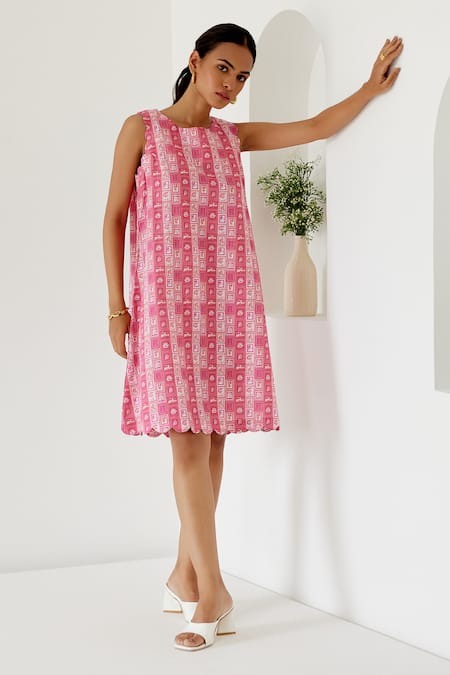 Sage Saga Coral Linen Printed Stamp Round Sophia Shift Dress 