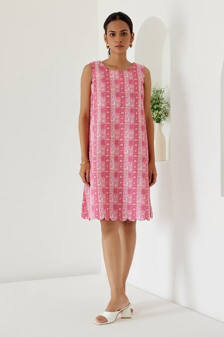 Sage Saga_Coral Linen Round Neck Sophia Printed Shift Dress _Online_at_Aza_Fashions
