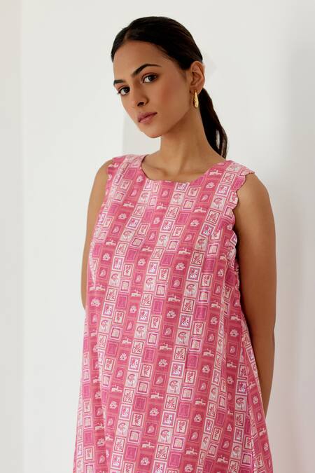 Shop_Sage Saga_Coral Linen Round Neck Sophia Printed Shift Dress _Online_at_Aza_Fashions
