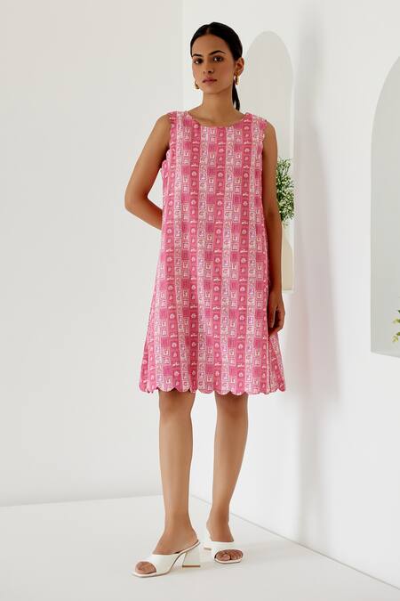 Sage Saga_Coral Linen Round Neck Sophia Printed Shift Dress _at_Aza_Fashions