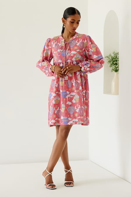 Sage Saga Coral Linen Printed Sage Mandarin Collar Sophia Yoked Dress 