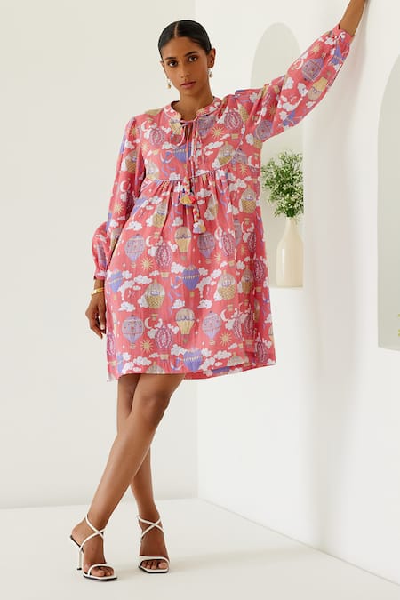 Buy Sage Saga Coral Linen Mandarin Collar Sophia Yoked Printed Dress Online at Aza Fashions Buy_Sage Saga_Coral Linen Mandarin Collar Sophia Yoked Printed Dress _Online_at_Aza_Fashions