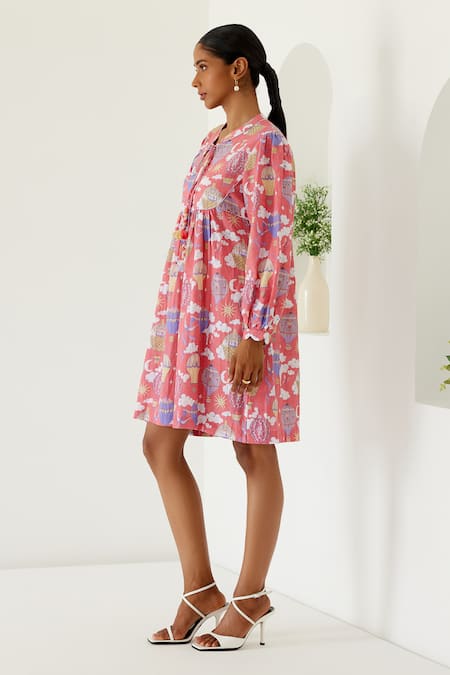Shop Sage Saga Coral Linen Mandarin Collar Sophia Yoked Printed Dress Online at Aza Fashions Shop_Sage Saga_Coral Linen Mandarin Collar Sophia Yoked Printed Dress _Online_at_Aza_Fashions