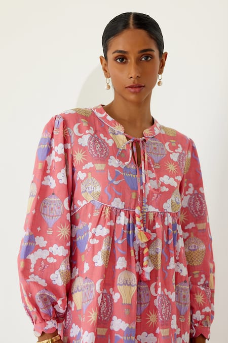 Sage Saga Coral Linen Mandarin Collar Sophia Yoked Printed Dress at Aza Fashions Sage Saga_Coral Linen Mandarin Collar Sophia Yoked Printed Dress _at_Aza_Fashions