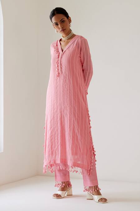 Sage Saga_Coral Linen, Muslin Tassels, Embroidery V-neck Sophia Woven Kurta Palazzo Set _Online_at_Aza_Fashions
