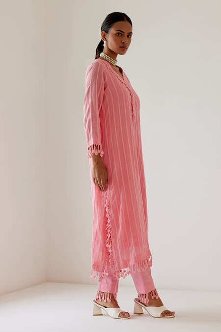 Buy_Sage Saga_Coral Linen, Muslin Tassels, Embroidery V-neck Sophia Woven Kurta Palazzo Set _Online_at_Aza_Fashions