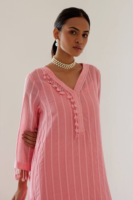 Shop_Sage Saga_Coral Linen, Muslin Tassels, Embroidery V-neck Sophia Woven Kurta Palazzo Set _Online_at_Aza_Fashions