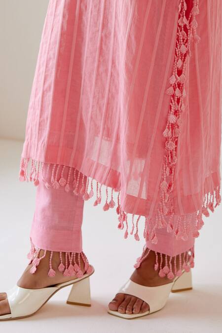 Sage Saga_Coral Linen, Muslin Tassels, Embroidery V-neck Sophia Woven Kurta Palazzo Set _at_Aza_Fashions