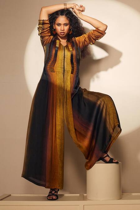 Whimsical By Shica_Black Organza, Satin Embroidery Collared Pintucked Jumpsuit _Online_at_Aza_Fashions