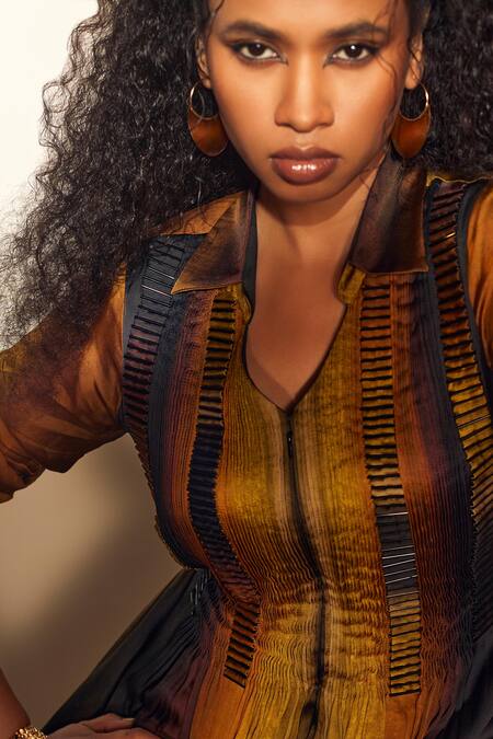 Buy_Whimsical By Shica_Black Organza, Satin Embroidery Collared Pintucked Jumpsuit _Online_at_Aza_Fashions