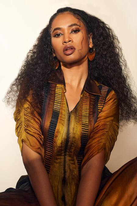 Shop_Whimsical By Shica_Black Organza, Satin Embroidery Collared Pintucked Jumpsuit _Online_at_Aza_Fashions