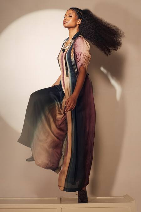 Whimsical By Shica_Blue Organza, Satin Embroidery Collared Stroke Print Jumpsuit _Online_at_Aza_Fashions