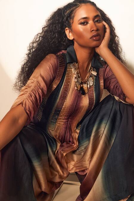 Buy_Whimsical By Shica_Blue Organza, Satin Embroidery Collared Stroke Print Jumpsuit _Online_at_Aza_Fashions