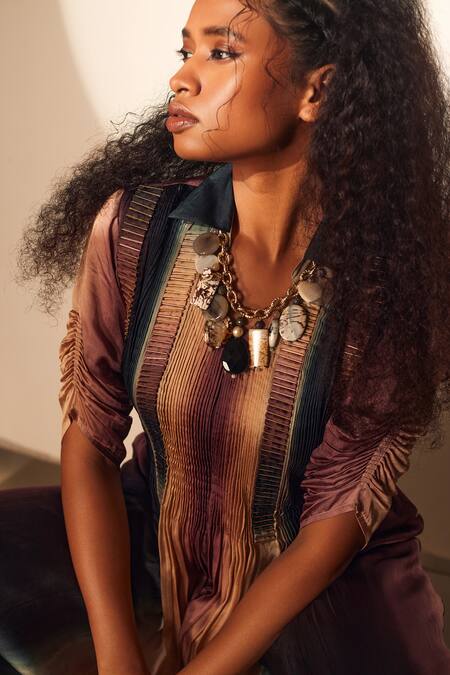 Shop_Whimsical By Shica_Blue Organza, Satin Embroidery Collared Stroke Print Jumpsuit _Online_at_Aza_Fashions