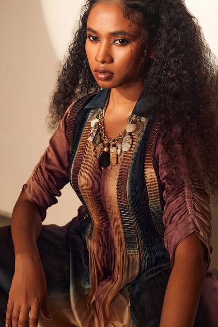 Whimsical By Shica_Blue Organza, Satin Embroidery Collared Stroke Print Jumpsuit _at_Aza_Fashions