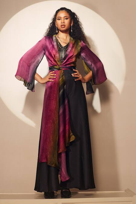 Whimsical By Shica_Multi Color Organza, Satin Embroidery, Piping V-neck Knot Flared Jumpsuit _Online_at_Aza_Fashions