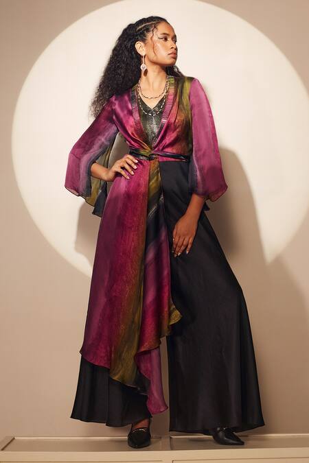 Buy_Whimsical By Shica_Multi Color Organza, Satin Embroidery, Piping V-neck Knot Flared Jumpsuit _Online_at_Aza_Fashions