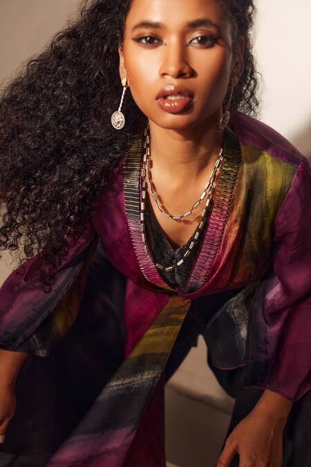 Whimsical By Shica_Multi Color Organza, Satin Embroidery, Piping V-neck Knot Flared Jumpsuit _at_Aza_Fashions