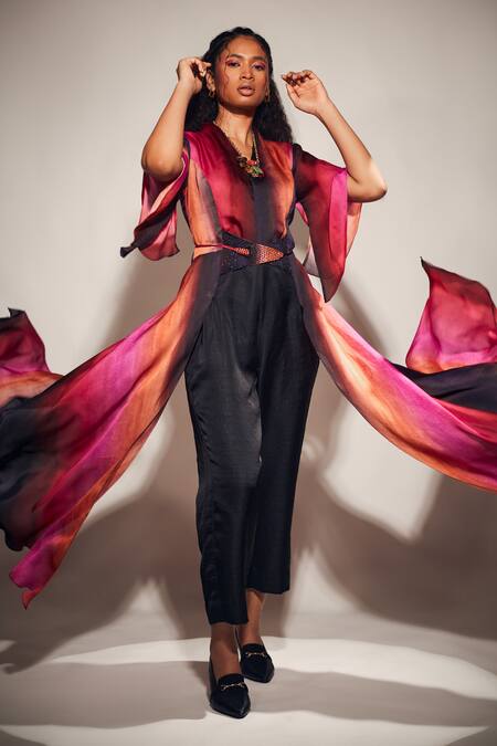 Whimsical By Shica_Black Organza, Satin Embroidery V-neck Stroke Print Jumpsuit _Online_at_Aza_Fashions