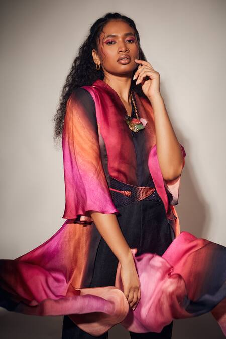 Buy_Whimsical By Shica_Black Organza, Satin Embroidery V-neck Stroke Print Jumpsuit _Online_at_Aza_Fashions