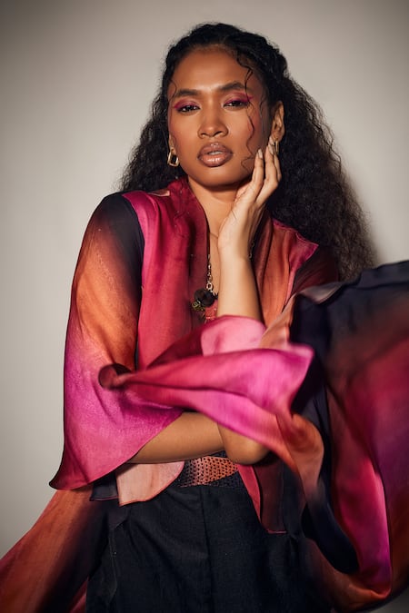 Shop_Whimsical By Shica_Black Organza, Satin Embroidery V-neck Stroke Print Jumpsuit _Online_at_Aza_Fashions