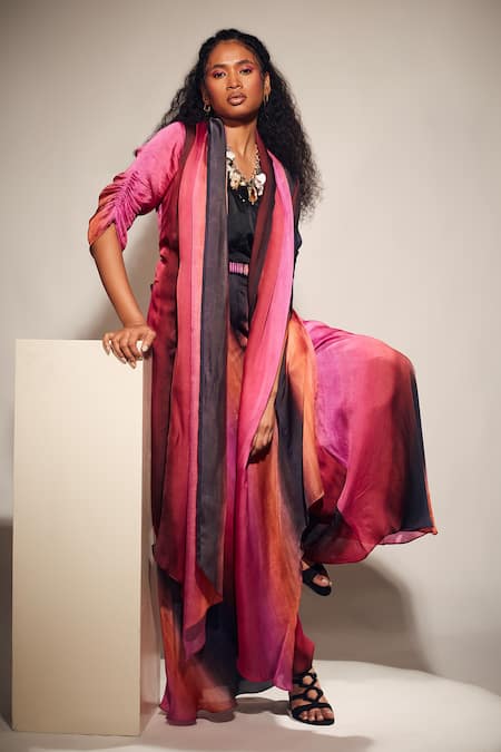 Whimsical By Shica Black Organza, Satin Embroidery V-neck Stroke Print Jumpsuit With Hand Belt Online at Aza Fashions Whimsical By Shica_Black Organza, Satin Embroidery V-neck Stroke Print Jumpsuit With Hand Belt _Online_at_Aza_Fashions