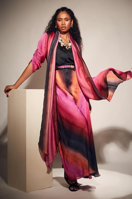 Buy Whimsical By Shica Black Organza, Satin Embroidery V-neck Stroke Print Jumpsuit With Hand Belt Online at Aza Fashions Buy_Whimsical By Shica_Black Organza, Satin Embroidery V-neck Stroke Print Jumpsuit With Hand Belt _Online_at_Aza_Fashions