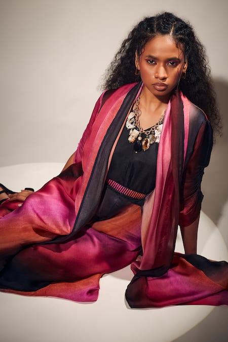 Shop Whimsical By Shica Black Organza, Satin Embroidery V-neck Stroke Print Jumpsuit With Hand Belt Online at Aza Fashions Shop_Whimsical By Shica_Black Organza, Satin Embroidery V-neck Stroke Print Jumpsuit With Hand Belt _Online_at_Aza_Fashions