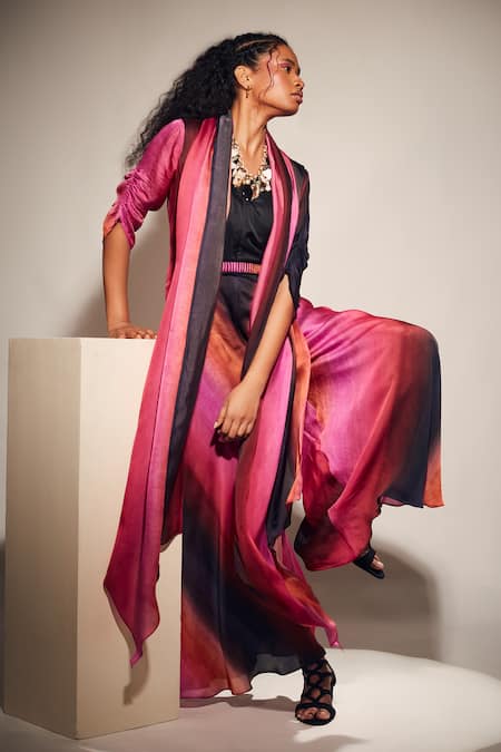 Whimsical By Shica Black Organza, Satin Embroidery V-neck Stroke Print Jumpsuit With Hand Belt at Aza Fashions Whimsical By Shica_Black Organza, Satin Embroidery V-neck Stroke Print Jumpsuit With Hand Belt _at_Aza_Fashions