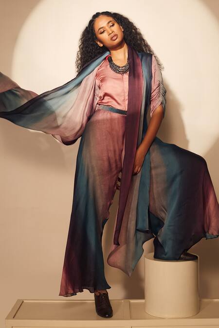 Whimsical By Shica_Grey Organza Embroidery Round Neck Printed Jumpsuit With Hand Belt _Online_at_Aza_Fashions