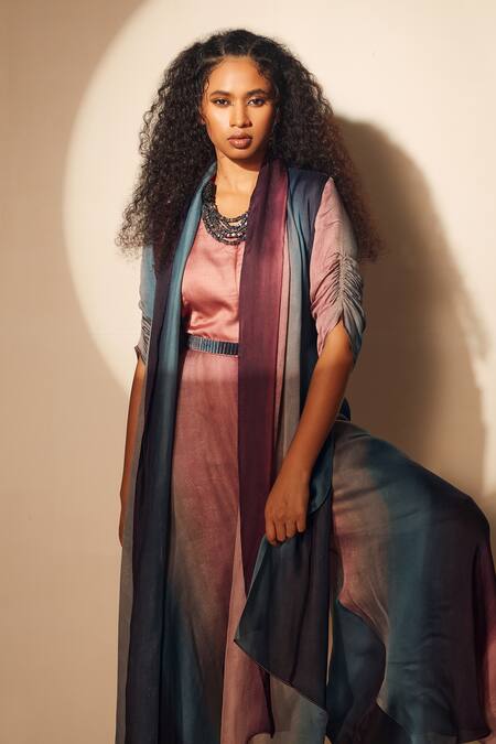 Buy_Whimsical By Shica_Grey Organza Embroidery Round Neck Printed Jumpsuit With Hand Belt _Online_at_Aza_Fashions