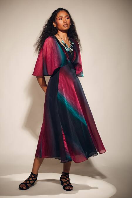 Whimsical By Shica Multi Color Organza, Satin Piping, Embroidery Round Neck Stroke Print Cape Dress Online at Aza Fashions Whimsical By Shica_Multi Color Organza, Satin Piping, Embroidery Round Neck Stroke Print Cape Dress _Online_at_Aza_Fashions
