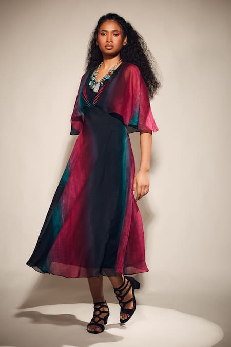 Buy Whimsical By Shica Multi Color Organza, Satin Piping, Embroidery Round Neck Stroke Print Cape Dress Online at Aza Fashions Buy_Whimsical By Shica_Multi Color Organza, Satin Piping, Embroidery Round Neck Stroke Print Cape Dress _Online_at_Aza_Fashions