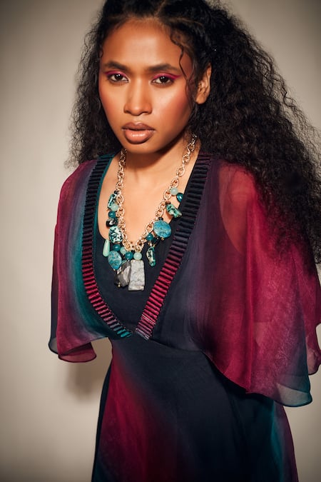 Shop Whimsical By Shica Multi Color Organza, Satin Piping, Embroidery Round Neck Stroke Print Cape Dress Online at Aza Fashions Shop_Whimsical By Shica_Multi Color Organza, Satin Piping, Embroidery Round Neck Stroke Print Cape Dress _Online_at_Aza_Fashions