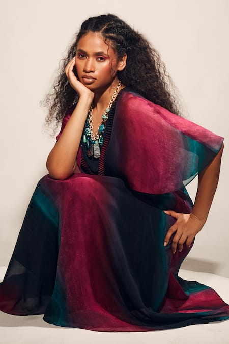 Whimsical By Shica Multi Color Organza, Satin Piping, Embroidery Round Neck Stroke Print Cape Dress at Aza Fashions Whimsical By Shica_Multi Color Organza, Satin Piping, Embroidery Round Neck Stroke Print Cape Dress _at_Aza_Fashions