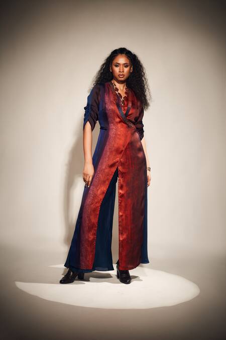 Whimsical By Shica_Orange Organza, Satin Embroidery V-neck Tie Up Kimono Jumpsuit _Online_at_Aza_Fashions