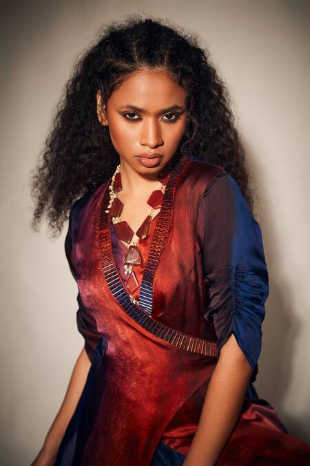 Buy_Whimsical By Shica_Orange Organza, Satin Embroidery V-neck Tie Up Kimono Jumpsuit _Online_at_Aza_Fashions