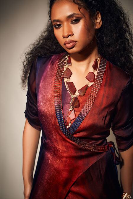 Shop_Whimsical By Shica_Orange Organza, Satin Embroidery V-neck Tie Up Kimono Jumpsuit _Online_at_Aza_Fashions