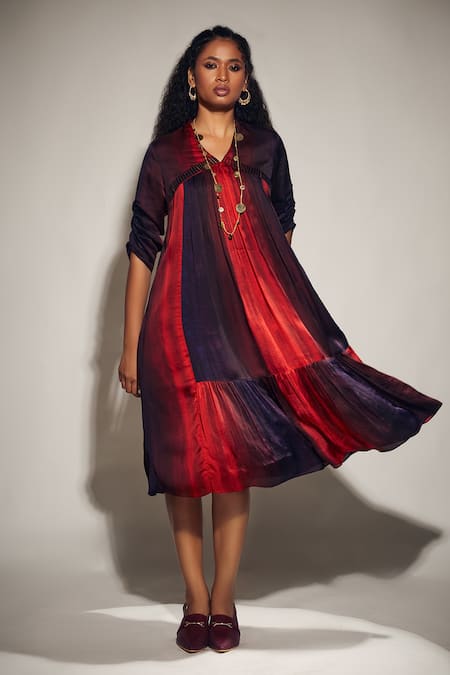 Whimsical By Shica Red Organza Satin Printed Stroke V-neck A-line Dress 