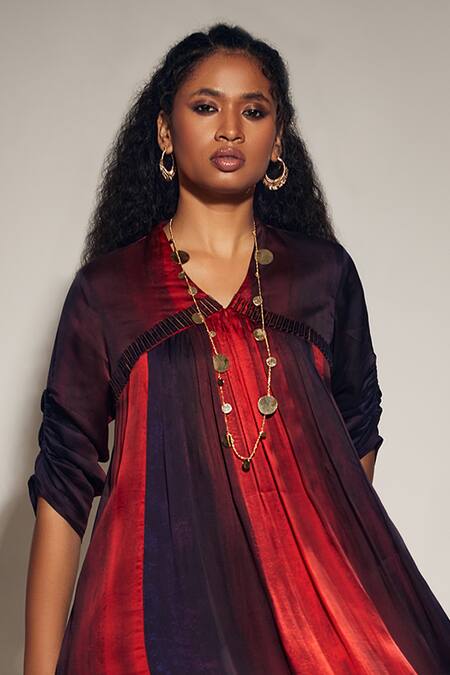 Whimsical By Shica_Red Organza, Satin Embroidery V-neck Stroke Print A-line Dress _Online_at_Aza_Fashions