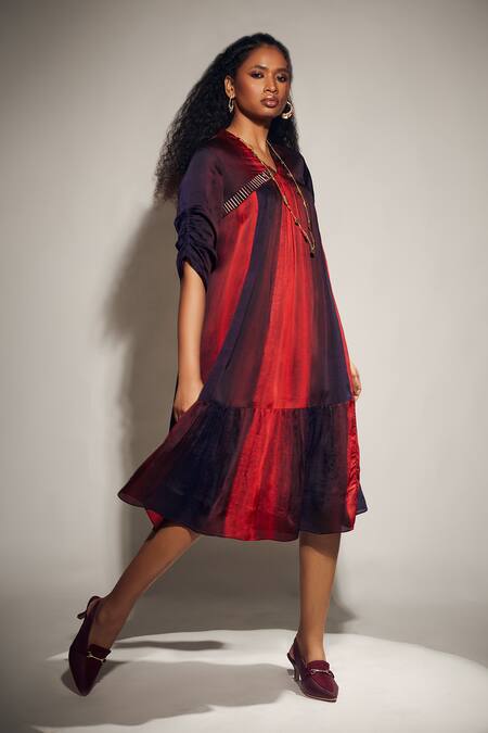 Buy_Whimsical By Shica_Red Organza, Satin Embroidery V-neck Stroke Print A-line Dress _Online_at_Aza_Fashions