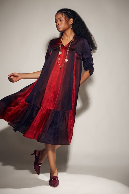 Whimsical By Shica_Red Organza, Satin Embroidery V-neck Stroke Print A-line Dress _at_Aza_Fashions