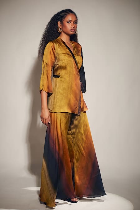 Whimsical By Shica_Yellow Organza, Satin V-neck Stroke Print Kimono With Pant _Online_at_Aza_Fashions