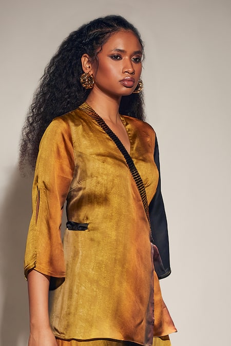 Shop_Whimsical By Shica_Yellow Organza, Satin V-neck Stroke Print Kimono With Pant _Online_at_Aza_Fashions